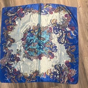Elegant Paisley Blue and Cream Scarf Silky Feeling Satin Square 34x34